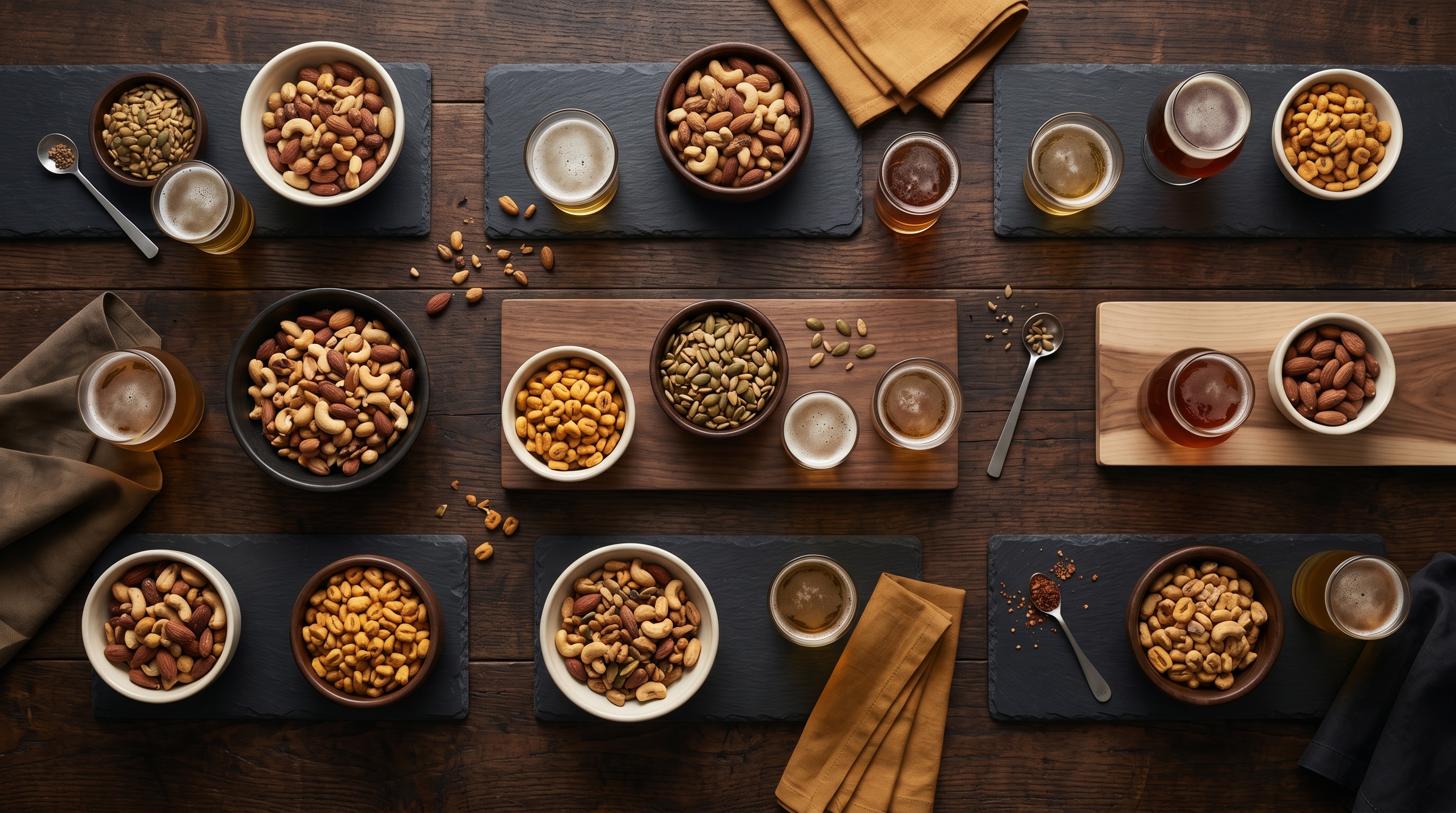 Editorial top-down still life of brewery snack offerings arranged in small bowls on a wooden bar, lit by soft directional natural light, with a restrained warm-cream and deep-charcoal palette accented in editorial orange.